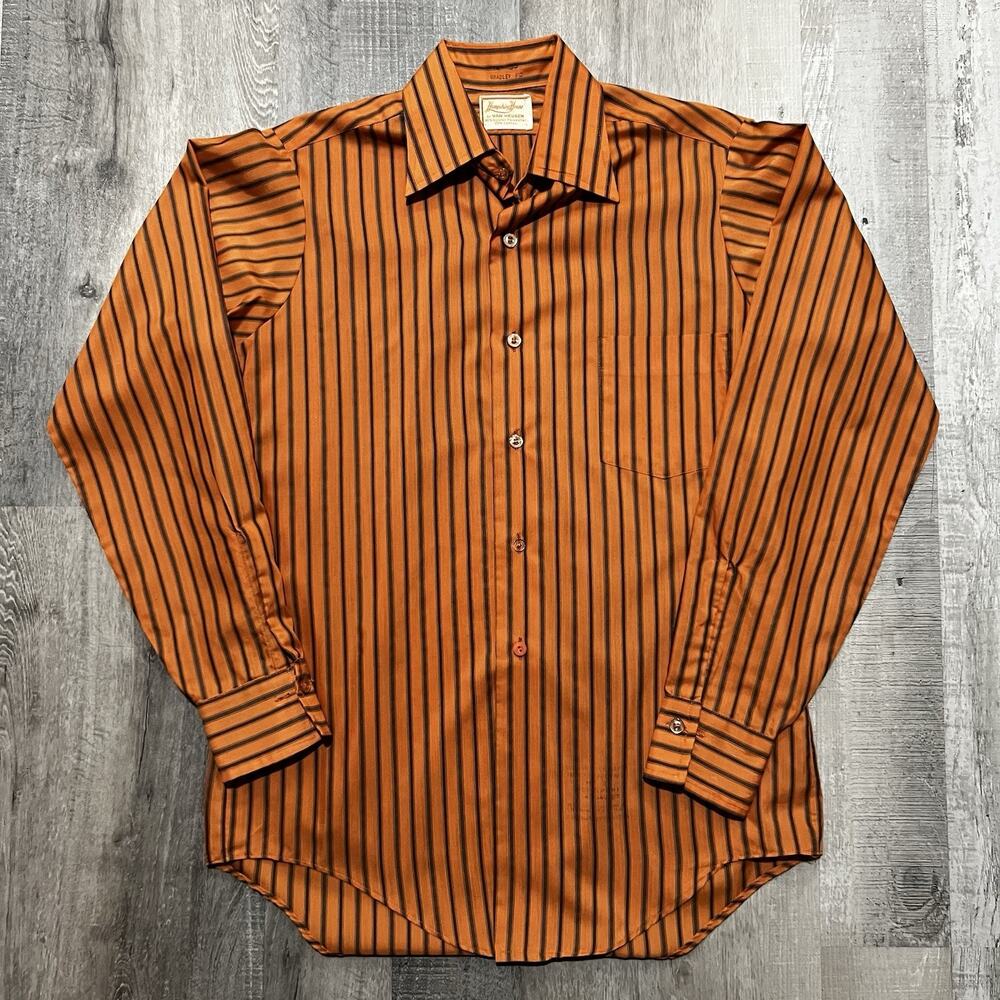VTG Hampshire House Van Heusen Button Up Shirt Adult M Orange Striped 60s Disco